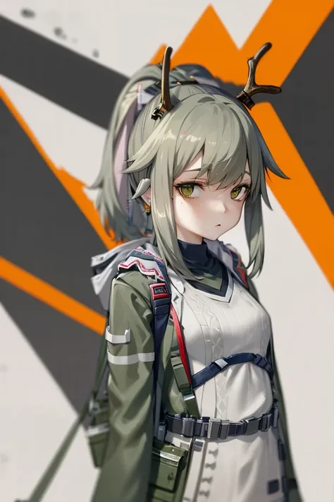(masterpiece),(((best quality))), ((ultra-detailed)), (illustration), ((an extremely delicate and beautiful)),1girl, antlers, bangs, bags under eyes, breasts, expressionless, eyeliner, green eyes, grey hair, hair flaps, long hair, mole, mole under eye, ponytail, reindeer antlers, sidelocks, small breasts, solo,boots,rangers \(arknights\),absurdres,commentary,highres