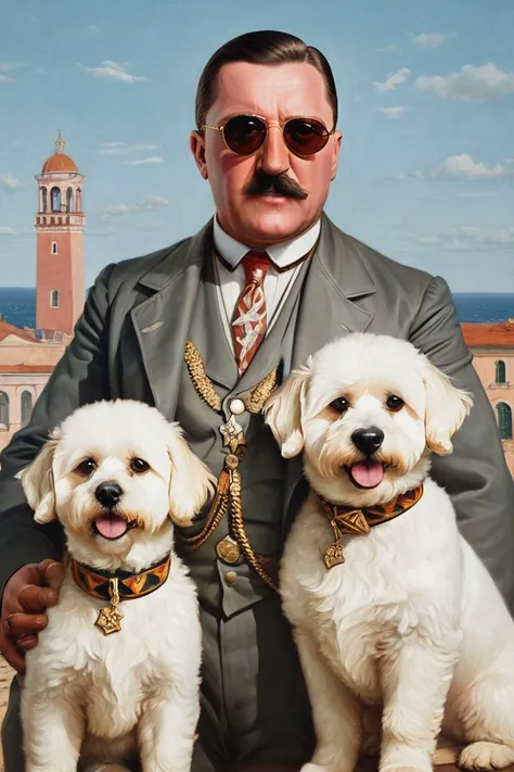 breathtaking, cans, geometric patterns, dynamic pose, Eclectic, colorful, sunglasses and outfit, full body portrait, portrait, Hipster Art,close up of a burly Ivorian (Adolf Hitler:1.3) , 1800'S, holding a plushy Bichon Frise, Guardian, Clear skies, Movie still, F/1.8, Kintsugi, triadic, most pleasant in the world, wallpaper, <lora:Pavel_Sokov:0.8> painting, pavel, sokov