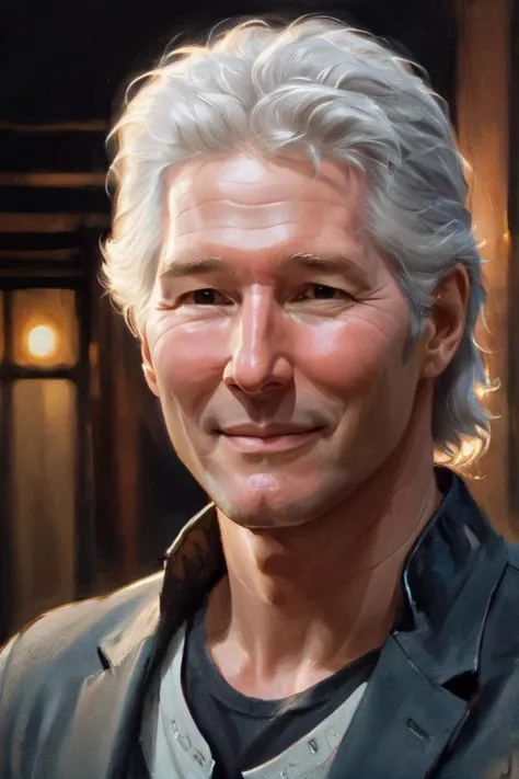 portrait,close up of a Trendy light-weight [Shinto:Futuristic:19] (Richard Gere:1.1) , smug smile, Ghost hunter, he is wearing a Afropunk fashion style-outfit, his hair is Dark, in focus, Cel shaded, Depth of field 270mm, <lora:Pavel_Sokov:0.8> pavel, sokov