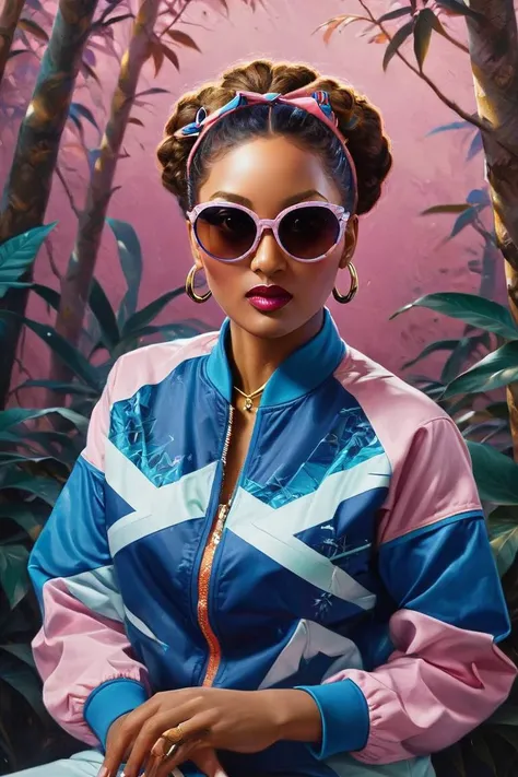 breathtaking, cans, geometric patterns, dynamic pose, Eclectic, colorful, sunglasses and outfit, full body portrait, portrait, warm jungle,close up of a Enchanting Sudanese (Mao Zedong:1.3) , Mao Zedong is wearing a Sports team uniform, his Sports team uniform is Cobalt Blue and Mint and is detailed with bits of Kevlar, Honey hair styled as Space buns, soft focus, Fantasy, pink and blue flakes, <lora:Pavel_Sokov:0.8> painting, pavel, sokov