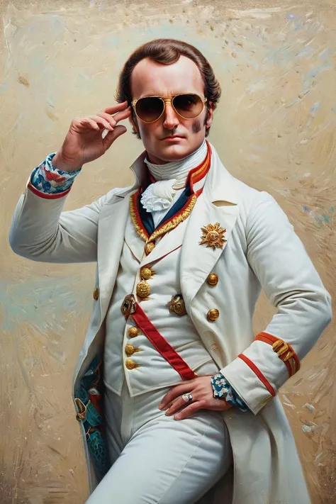 breathtaking, cans, geometric patterns, dynamic pose, Eclectic, colorful, sunglasses and outfit, full body portrait, portrait,close up of a 1600'S (Napoleon Bonaparte of Elements:1.1) Scientist, Foggy conditions, Kinetic Pointillism, alluring, layered textures, 64K, <lora:Pavel_Sokov:0.8> painting, pavel, sokov