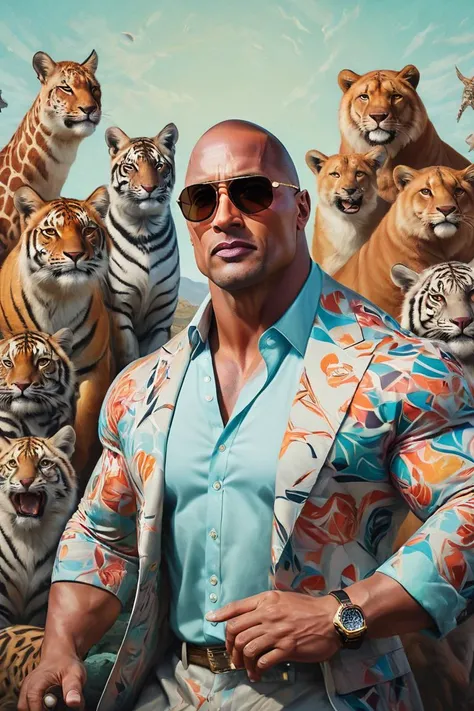 breathtaking, cans, geometric patterns, dynamic pose, Eclectic, colorful, sunglasses and outfit, full body portrait, portrait, majestic,close up of a Grouchy rotund (Dwayne Johnson:1.3) surrounded by a group of animals, Three-Eyed, Ultra Real, Romantic, Memecore Art, Cold Colors, <lora:Pavel_Sokov:0.8> painting, pavel, sokov