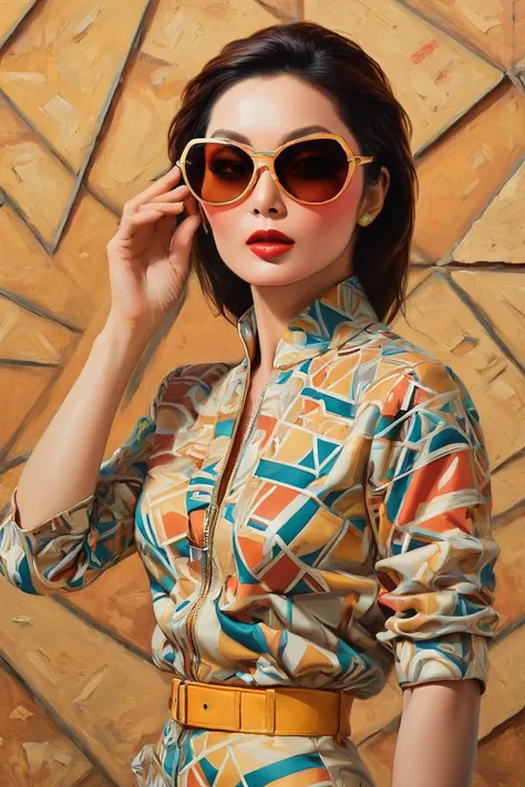 breathtaking, cans, geometric patterns, dynamic pose, Eclectic, colorful, sunglasses and outfit, full body portrait, portrait,close up of a (Brigitte Lin:1.1) , Brigitte Lin is 1950S Suburbia, Face Mask, reeds in background, Sci-Fi, Decora, F/14, natural skin tones, UHD, <lora:Pavel_Sokov:0.8> painting, pavel, sokov