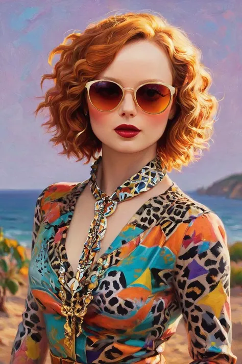 breathtaking, cans, geometric patterns, dynamic pose, Eclectic, colorful, sunglasses and outfit, full body portrait, portrait,close up of a (Thora Birch:1.2) , Thora Birch is Mysterious, her hair is 1920'S, Psychedelic and Vivid Collar, Stars in the sky, shallow depth of field, F/14, leopard print and Acid colors hue, crisp lines, <lora:Pavel_Sokov:0.8> painting, pavel, sokov