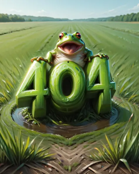 <lora:Harrlogos_v1.1:1> <lora:404ra_v4.0.4:1>, 404 text logo, concept art, POV shot of a hefty frog, jumping in a field, Hyperpop, glimmering transformation, 4K, <lora:Pavel_Sokov:0.8> painting, pavel, sokov