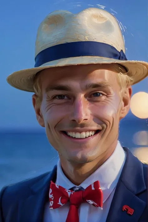 portrait,close up of a Funky (Man:1.1) , radiant smile, Lifeguard, the Man is dressed in [Pha biang:Dress:13], his Homburg hat is tailored by Carolina Herrera, Blonde hair, at Blue hour, in focus, Accent lighting, silhouette, Digital distortions, <lora:Pavel_Sokov:0.8> pavel, sokov