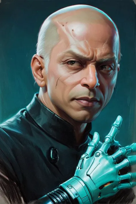 portrait,close up of a Drab (Guy:1.2) Enchanter, eyebrows of Shah Rukh Khan, nose of Steve Martin, Bald hair styled as High fade, he has a Mennonite Cyan Robotic Body Parts and Gloves, at Twilight, deep focus, Sketched, Embarrassing, concept art, Gamerpunk, short lighting, Calotype, rich color, <lora:Pavel_Sokov:0.8> pavel, sokov