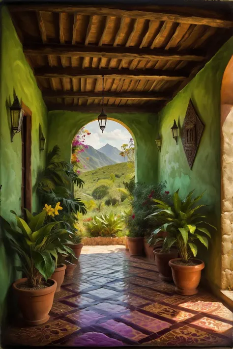 captivating Horror, Hypersaturated, Vivid and Green details, Shameful, (Saint Lucia:1.1) from inside of a Carport, it is Wretched, Sepia filter, Floral motives, CineColor, dark violet flakes, Lonely, Ambrotype, Luminous trails, Angry, psychedelic colors, <lora:Pavel_Sokov:0.8> painting, pavel, sokov . Moroccan art, intricate patterns, vibrant colors, cultural richness