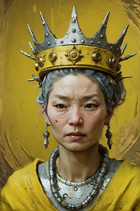 portrait, Hyperpunk, concept art,close up of a Giant traditional wabi-sabi (Woman:1.3) , Organizing, eyebrows of cozy, the Woman is wearing a Crown, her Crown is deep yellow and is detailed with bits of Aluminum, Masterpiece background, lush indoors, Hurricane, Simple illustration, Rembrandt lighting, anaglyph effect, sharp and in focus, <lora:Pavel_Sokov:0.8> pavel, sokov