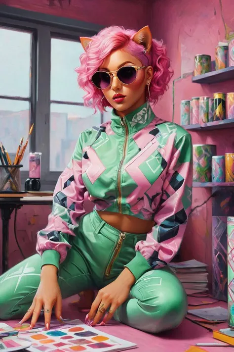 breathtaking, cans, geometric patterns, dynamic pose, Eclectic, colorful, sunglasses and outfit, full body portrait, portrait, majestic,close up of a Glamorous Gloomy stout (Doja Cat:1.2) , she is studying in a room, dressed in Elf suit, Pink hair styled as Shaved head with a beard, Emo Art, Cathode tube, <lora:Pavel_Sokov:0.8> painting, pavel, sokov