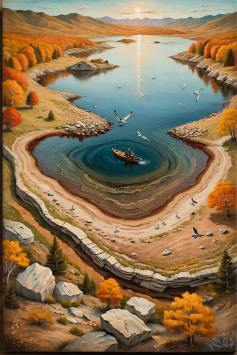 aerial shot of Petrified "Shut up and dance with me.", three colors, Warm Colors, Decoupage, Sosaku Hanga, Cosy, Provia, <lora:Pavel_Sokov:0.8> painting, pavel, sokov. Birds-eye view, grand, adventurous, stunning
