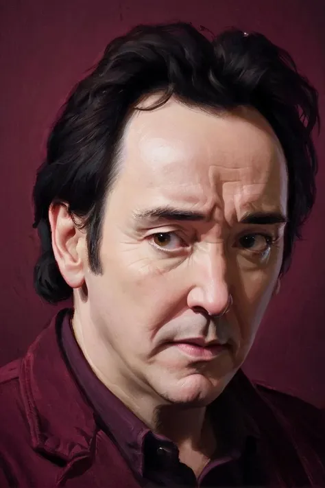 portrait, behance,close up of a Gorgeous lanky Artisanal John Cusack, John Cusack is Exploring new places, Sharp and in focus, Guilty, Britpop, macro lens, Maroon color grading, <lora:Pavel_Sokov:0.8> pavel, sokov