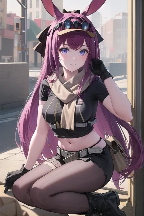 ((masterpiece)),(best quality),official art,extremely detailed CG,unity 8k wallpaper,ultra detailed,beautiful detailed eyes,extremely detailed face,1girl,solo,(portrait:1.5),looking at viewer,smile,ray (arknights),official alternate costume,animal ears,rabbit ears,visor cap,goggles on head,very long hair,purple hair,hair intakes,bangs,purple eyes,grey scarf,crop top,midriff,short sleeves,large breasts,brown gloves,navel,groin,white belt,black shorts,black pantyhose,bag,black footwear,boots,<lora:ray(ark):1>,