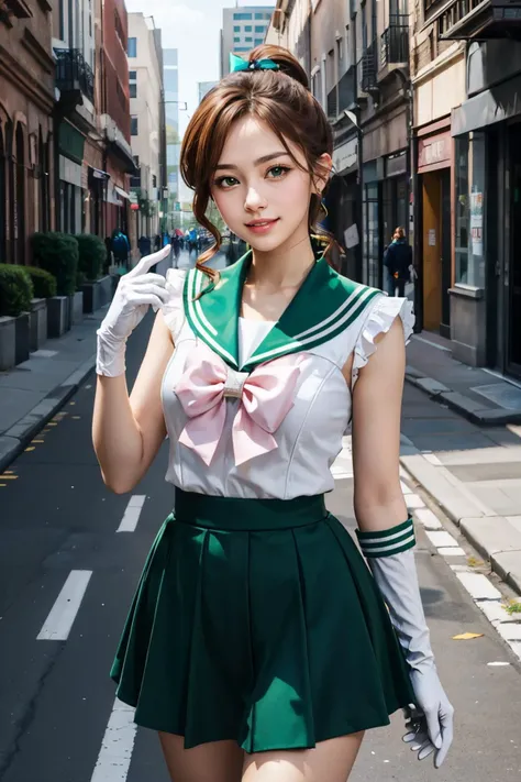 sailor_jupiter, brown ponytail, green eyes, pink bow, white gloves, choker, circlet, looking at viewer, smiling, medium shot,
standing, outside, city, street, blue sky, extreme detail, hdr, beautiful quality, <lora:sailor_jupiter:.8>