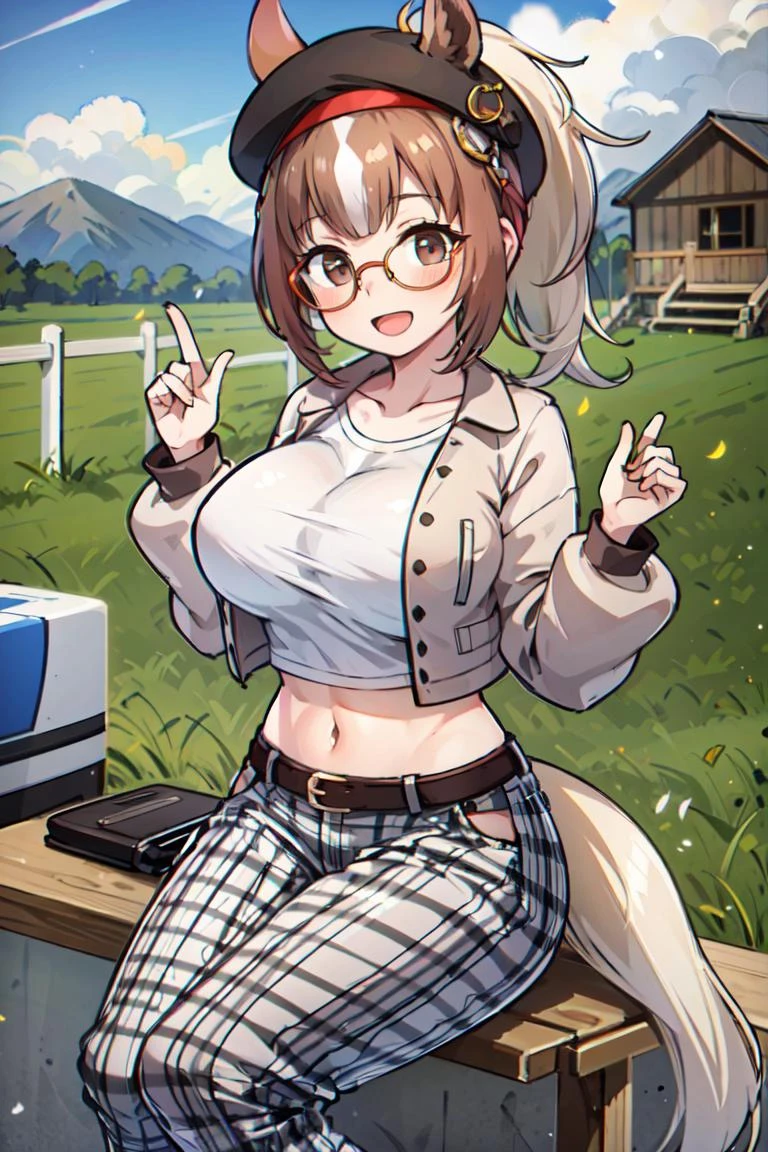 <lora:ChestnutThoroughbredKemonofriends_Thoroughbredsurige:0.7>,KURIGE_plainclothes,
1girl,solo,masterpiece, best quality, high quality,delicate facial features,mishoujo,hyper_detail,game cg, finely detailed beautiful eyes and detailed face,lustrous skin,colorful
chestnut_thoroughbred_(kemono_friends), horse ears,horse tail, horse girl, brown hair, navel, multicolored hair, white hair, brown eyes, ponytail, long hair, (huge breasts:1.2)
hat, glasses, plaid, white_shirt,brown_jacket, plaid pants, belt, brown footwear, boots, beret, black headwear, brown jacket, casual,
(looking at viewer:1.2), (sitting:1.2), (cowboy_shot:1.3),blush,smile,open mouth, hand on breast
(town:1.3), sunlight, blue sky,cloud, mountain, grass