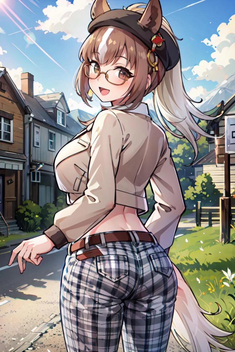 <lora:ChestnutThoroughbredKemonofriends_Thoroughbredsurige:0.7>,KURIGE_plainclothes,
1girl,solo,masterpiece, best quality, high quality,delicate facial features,mishoujo,hyper_detail,game cg, finely detailed beautiful eyes and detailed face,lustrous skin,colorful
chestnut_thoroughbred_(kemono_friends), horse ears,horse tail, horse girl, brown hair, navel, multicolored hair, white hair, brown eyes, ponytail, long hair, (huge breasts:1.2)
hat, glasses, plaid, white_shirt,brown_jacket, plaid pants, belt, brown footwear, boots, beret, black headwear, brown jacket, plaid jacket, casual,
(looking back:1.2), (standing:1.2), (cowboy_shot:1.3),blush,smile,open mouth, ass,(from_below:1.3)
(town:1.3), sunlight, blue sky,cloud, mountain, grass