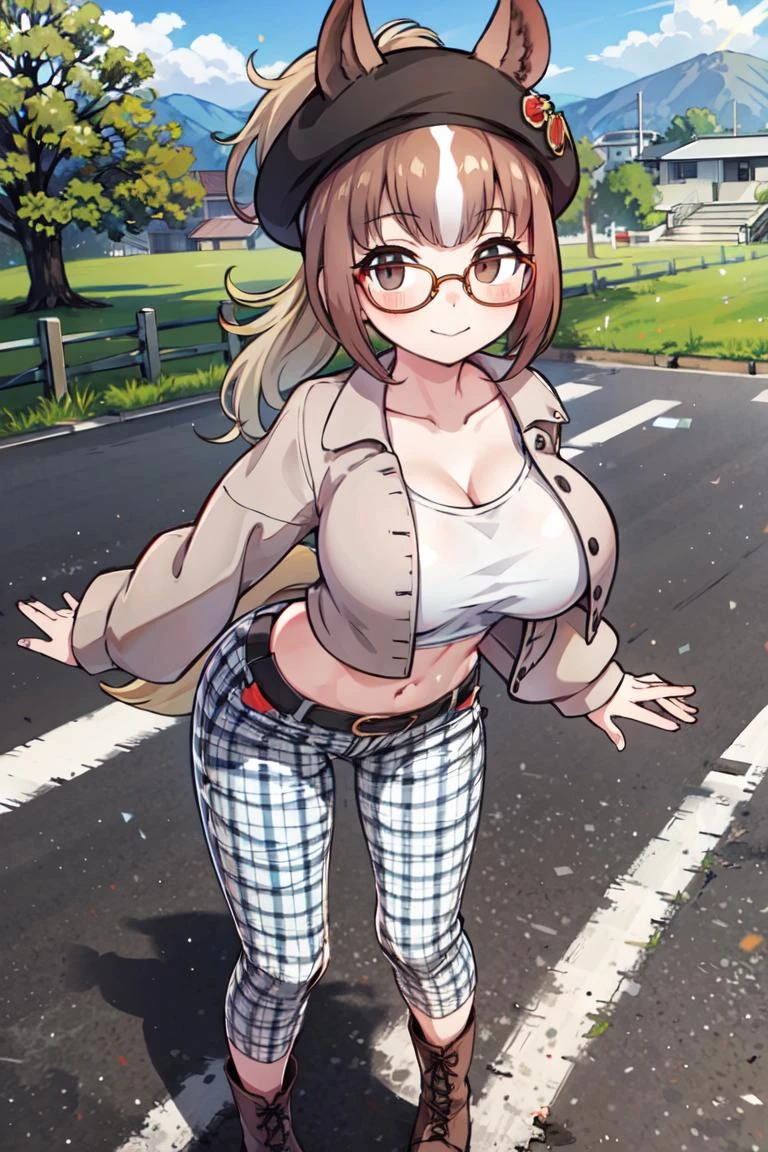 <lora:ChestnutThoroughbredKemonofriends_Thoroughbredsurige:0.7>,KURIGE_plainclothes,
1girl,solo,masterpiece, best quality, high quality,delicate facial features,mishoujo,hyper_detail,game cg, finely detailed beautiful eyes and detailed face,lustrous skin,colorful
chestnut_thoroughbred_(kemono_friends), horse ears,horse tail, horse girl, brown hair, navel, multicolored hair, white hair, brown eyes, ponytail, long hair, (huge breasts:1.2)
hat, glasses, plaid, white_shirt,brown_jacket, plaid pants, belt, brown footwear, boots, beret, black headwear, brown jacket, plaid jacket, casual,
(looking at viewer:1.2), (standing:1.2), (cowboy_shot:1.3),blush,smile,closed mouth, leaning forward
(city:1.3), sunlight, blue sky,cloud, tree, mountain