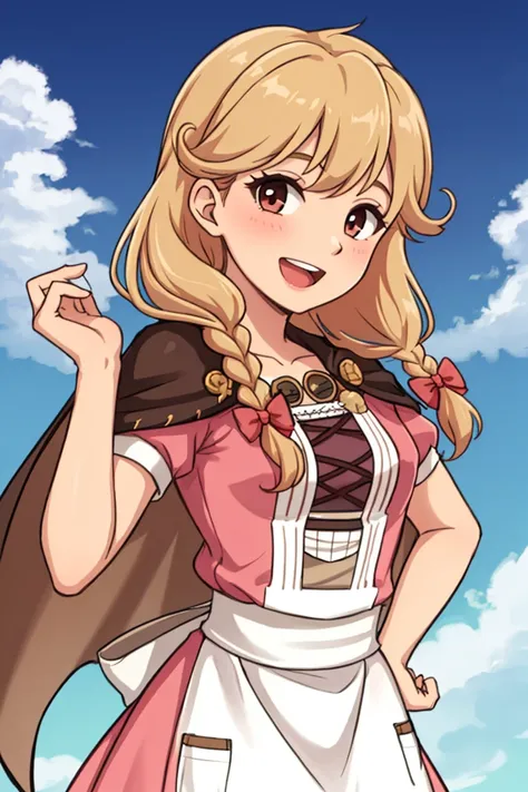 faye fe, 1girl, solo, long hair, looking at viewer, smile, open mouth, dress, bow, braid, short sleeves, hair bow, sky, cape, apron, twin braids, pink bow <lora:Faye_FE-10:0.7>