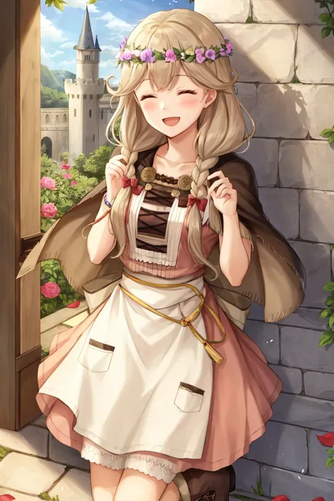faye fe, 1girl, solo, long hair, smile, open mouth, dress, bow, closed eyes, braid, flower, hair bow, boots, cape, apron, bracelet, petals, own hands together, head wreath, wreath, smile, indoors, stone wall, castle <lora:Faye_FE-10:0.9>