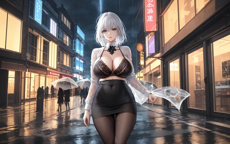 (masterpiece, best quality, ultra-detailed, best shadow),(detailed background,dark fantasy),(beautiful detailed face),high contrast,(best illumination, an extremely delicate and beautiful),((cinematic light)),colorful,hyper detail,dramatic light,intricate details,
(1girl),solo,business suit,pencil skirt,mini skirt,white hair,shiny hair,shiny skin,floating hair,pantyhose,white shirt,wet,wind,parted lips,(lace bra),huge breasts,
outdoors,street,cityscape,night sky,starry sky,shooting star,neon lights,modern building,
raining,rain,
dutch angle,
