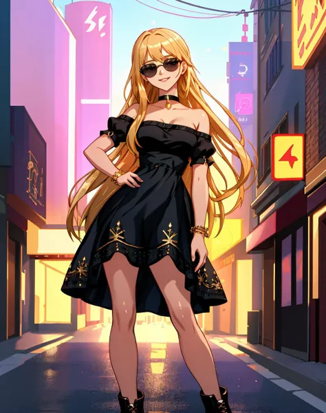 4K, Masterpiece, highres, absurdres,smiling, excited,
edgNoire,blonde Nadia with a choker and sunglasses,in a black dress is posing ,wearing edgNoire, boots, embroidery, street background,
<lora:edgNoire:0.75> <lora:Nadia:0.45>
