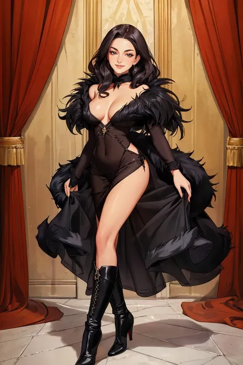 ((Masterpiece, best quality,edgQuality)),smile,excited,fur coat,
edgNoire, a woman in a black sheer dress and boots ,wearing edgNoire
 <lora:edgNoire1:0.8>