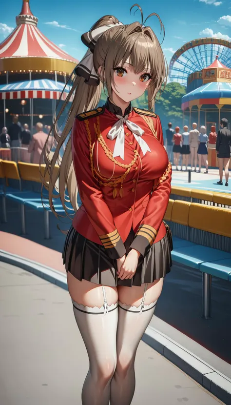 1girl,sento isuzu, brown eyes, brown hair, long hair, ponytail, antenna hair, bangs, hair intakes, hair bow, ribbon,red jacket, long sleeves, black pleated skirt, white thighhighs, uniform, aiguillette,oudoors,amusement park,masterpiece,best quality,ray tracing,photo-realisti ,looking at viewer,large_breasts<lora:Difference_3d2:1> <lora:add-detail-xl:2> <lora:SDXL_LORA_CHARACTER_SENTO ISUZU_V1:1>