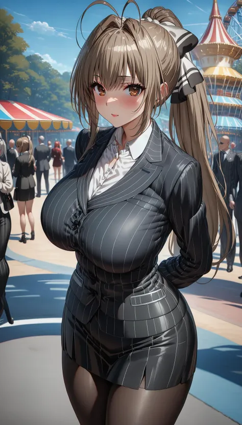 1girl,sento isuzu, brown eyes, brown hair, long hair, ponytail, antenna hair, bangs, hair intakes, hair bow, ribbon,pinstripe_suit,pinstripe pencil_skirt,black_pantyhose,formal,white collared_shirt,outdoors,amusement park,masterpiece,best quality,ray tracing,photo-realisti ,looking at viewer,large breasts<lora:Difference_3d2:1> <lora:add-detail-xl:2> <lora:SDXL_LORA_CHARACTER_SENTO ISUZU_V1:1>