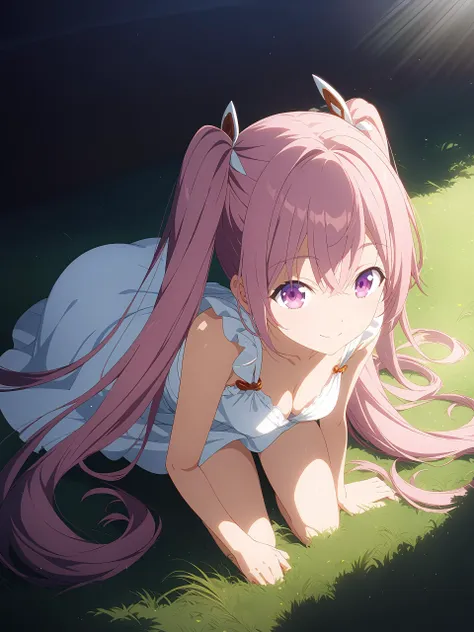 source_anime,source_explicit,score_9,score_8_up,score_7_up, 1girl, original, hiding, hiding in grass, kneeling, (solo:1.1), athletic, medium breasts, intricate light pink hair, very long hair, twintails, high twintails, long twintails, uneven twintails, purple eyes, alluring smile, sundress, bare legs, cleavage, detailed ultra photorealistic marsh, tree, (very tall grass:1.2), dappled sunlight, golden hour lighting, sunrise, great lighting, cinematic angle, anime artwork, anime style, key visual, vibrant, studio anime, anime coloring, highly detailed, newest, masterpiece, best quality <lora:AnimagineXLV3_Style_Difference_AnimeFace:0.85>, <lora:add-detail-xl:1>, <lora:naipony2:0.8>, masterpiece, best quality,spotlight,masterpiece, best quality, high quality, highres, absurdres, caustics, offcial art, anime screencap,