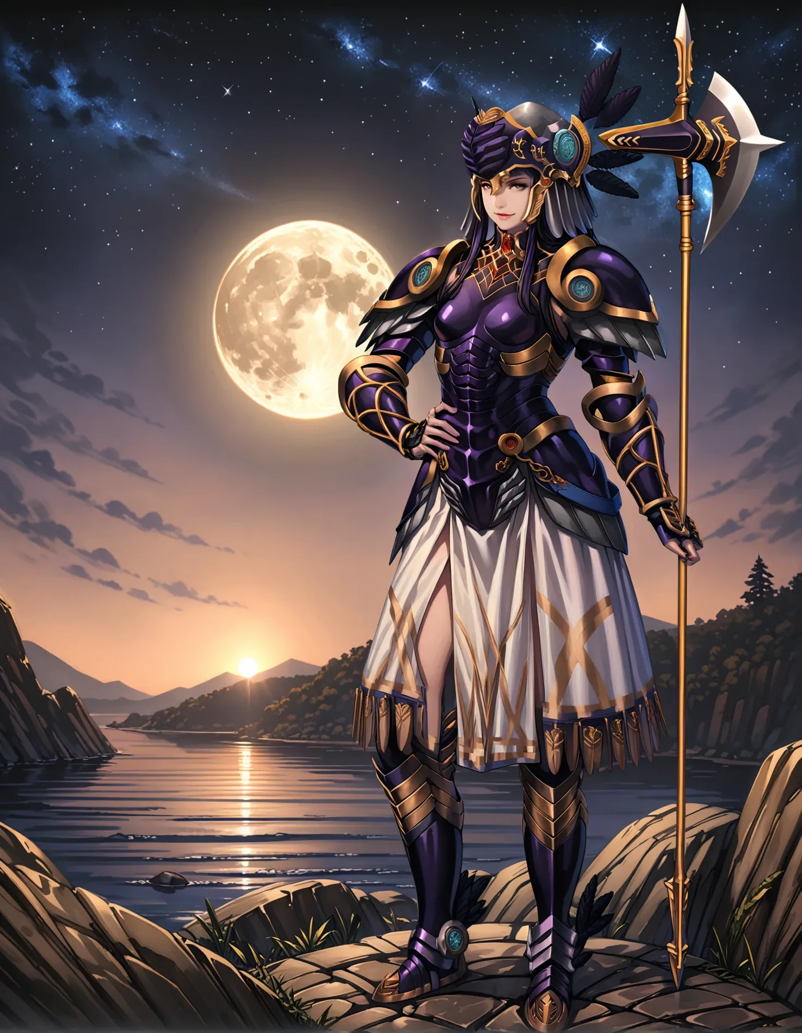 masterpiece, best quality, very aesthetic, absurdres, 8k,<lora:flat_sdxl:-0.5>,<lora:xl_more_art-full_v1:0.45>, <lora:add-detail-xl:0.35>,<lora:sdxl-hairdetailer_02:0.35>,<lora:offset_0.2:0.65>,<lora:sd_xl_dpo_lora_v1:0.5>, <lora:neg4all_bdsqlsz_xl_V91:0.5>,(ray tracing,:0.6),perfect lighting, intricate details,
<lora:Ani31_Hrist_V1_16dim_3batch_Prodigy:0.9>,
fkmk,<lora:Ani31_Fkmk_V1_16bit_Prodigy:0.6>,
vhrst, 1girl, solo, valkyrie,
winged helmet, black feathers, pauldrons, black armor, armored dress, breastplate, gauntlets, greaves,
standing, hand on own hip,holding halberd,holding weapon,
full body,
fantasy, night, starry sky, moon, moonlight,
<lora:better_scenery:0.35>, <lora:old_school_xl_style:0.4>,<lora:Difference_AnimeFace:0.35>