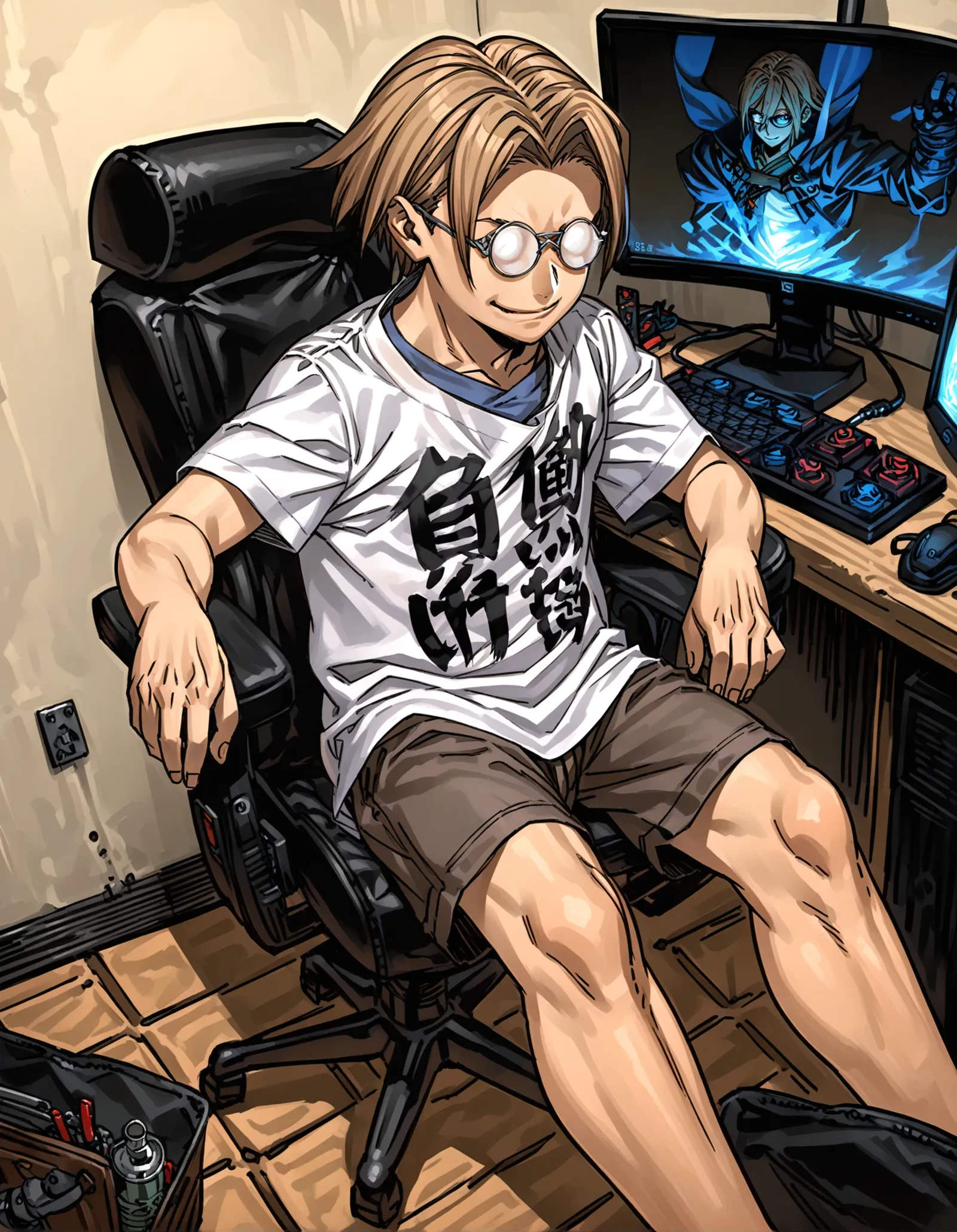 masterpiece, best quality, very aesthetic, absurdres, 8k,<lora:flat_sdxl:-0.5>,<lora:xl_more_art-full_v1:0.45>, <lora:add-detail-xl:0.35>,<lora:sdxl-hairdetailer_02:0.35>,<lora:offset_0.2:0.65>,<lora:sd_xl_dpo_lora_v1:0.5>, <lora:neg4all_bdsqlsz_xl_V91:0.5>,(ray tracing,:0.6),perfect lighting, intricate details,
<lora:Ani_Lezard_V1_16bit_Prodigy:0.85>,Vpltd,
Fkmk,<lora:Ani31_Fkmk_V1_16bit_Prodigy:0.65>,
1boy, solo,male focus,
glasses,round eyewear,
opaque glasses,
you work you lose, clothes writing,
smile,
sitting on gaming chair, <lora:youworkyoulose_XL_v1:1>,crossed legs,
display, monitor,
full body,
fantasy,indoors,
<lora:better_scenery:0.35>, <lora:old_school_xl_style:0.35>,<lora:Difference_AnimeFace:0.35>