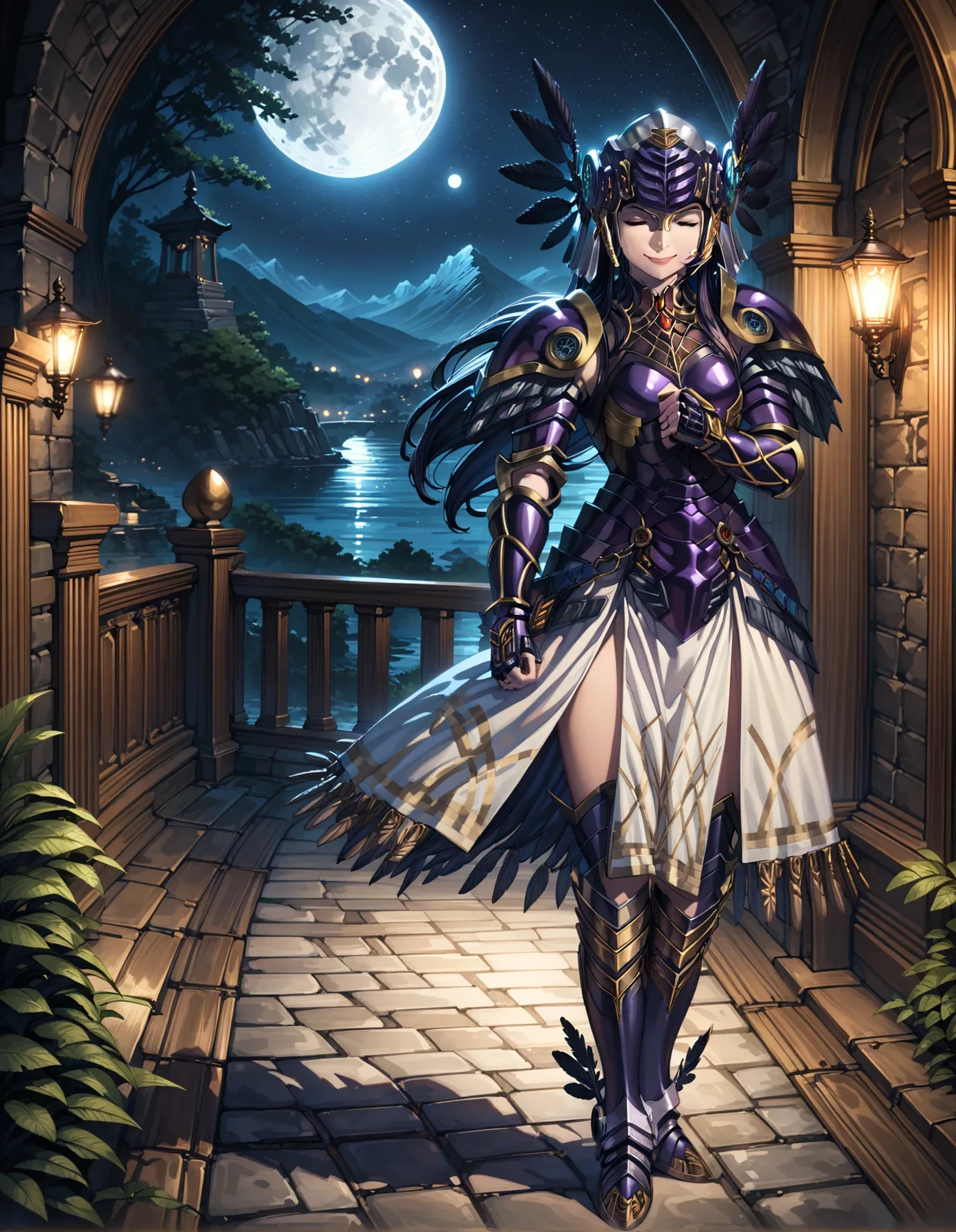 masterpiece, best quality, very aesthetic, absurdres, 8k,<lora:flat_sdxl:-0.5>,<lora:xl_more_art-full_v1:0.45>, <lora:add-detail-xl:0.35>,<lora:sdxl-hairdetailer_02:0.35>,<lora:offset_0.2:0.65>,<lora:sd_xl_dpo_lora_v1:0.5>, <lora:neg4all_bdsqlsz_xl_V91:0.5>,(ray tracing,:0.6),perfect lighting, intricate details,
<lora:Ani31_Hrist_V1_16dim_3batch_Prodigy:0.9>,
vhrst, 1girl, solo, valkyrie,
smile,lips,
winged helmet, black feathers, pauldrons, black armor, armored dress, breastplate, gauntlets, greaves,
standing, hand on own cheek,
full body,
fantasy, night, starry sky, moon, moonlight,
<lora:better_scenery:0.35>, <lora:old_school_xl_style:0.45>,<lora:Difference_AnimeFace:0.45>