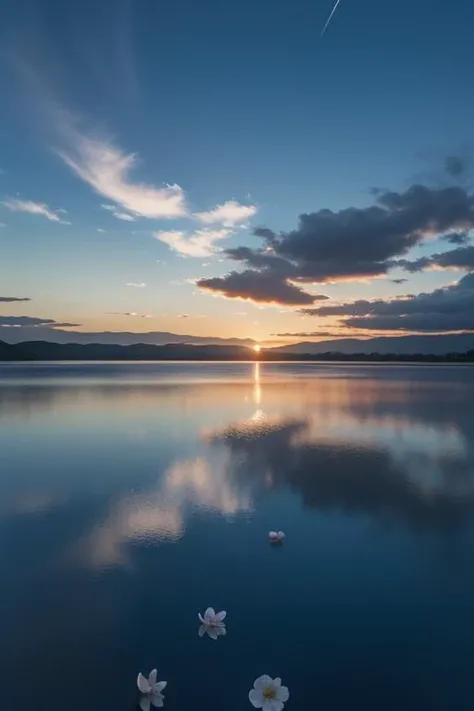 ltra-detailed,highly detailed,best quality,masterpiece,illustration,realistic,
mirror of the sky, reflection, different reflection,
flower, sky, cloud, dusk, outdoors, water, blue sky, profile, wind,petals, falling petals, sunset,
<lora:mirror of the sky_v1_03:0.7>