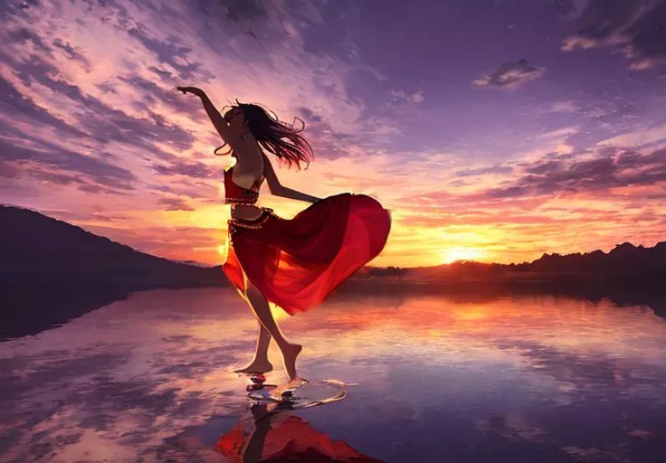 a dancing girl in belly dance dress,red dress,backlighting,semi-transparent dersss,beautiful silk dress,reflection of the dress and leg on water,reflection of red dress, mirror of the sky
