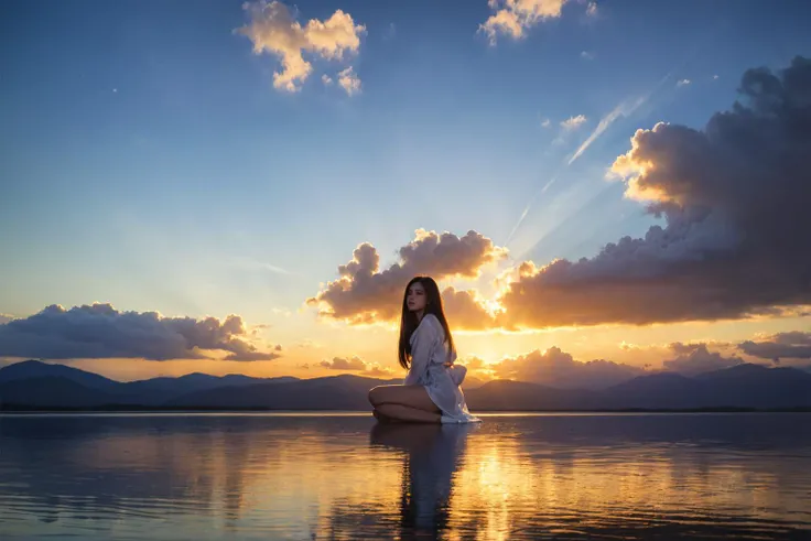 mirror of the sky,(reflection:1.1),different reflection,
flower,sky,cloud,dusk,outdoors,water,blue sky,profile,wind,petals,falling petals,sunset,
<lora:mirror of the sky_v1_03:0.5>,<lora:add_detail:0.2>,<lora:Shiny Oiled Skin_æ²¹éç®è¤v20-LoRA:0.1>,(shiny skin:1.2),<lora:zoom_slider_v1:-3.5>,1girl,(wide shot:1.4),(:1.1),(:1.3),(:1.3),front view,(from_below:1.2),sitting on water,on back,arm behind back,arm support,looking at viewer,smile,(transparent raincoat:1.2),, Hires, sunlight, backlight, ((Cinematic Light, Ray tracing)), (masterpiece),((ultra-detailed)), (highly detailed CG illustration), (best quality:1.3),(1girl:1.2),High quality texture, intricate details, detailed texture, High quality shadow, a realistic representation of the face, Detailed beautiful delicate face, Detailed beautiful delicate eyes, brown eye pupil, a face of perfect proportion, Depth of field, perspective,20s, glossy lips, perfect body, medium , distinct_image, solo focus, (brown hair), (((perma straight hair style))), (finely detailed beautiful eyes and detailed face), light source contrast, ((medium hair)), 21 years old,