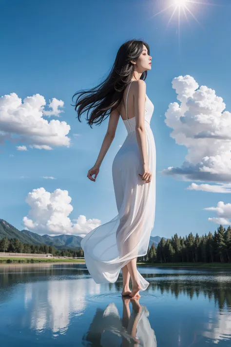 ltra-detailed,highly detailed,best quality,masterpiece,illustration,realistic,
mirror of the sky, reflection, different reflection,
1girl, white dress, black hair,  solo, long hair,barefoot,
standing, looking afar,
flower, sky, cloud, day, outdoors, water, blue sky, profile, wind,floating hair,
<lora:mirror of the sky_v1_03:0.7>