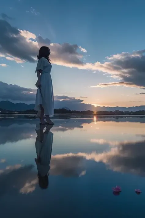 ltra-detailed,highly detailed,best quality,masterpiece,illustration,realistic,
mirror of the sky, reflection, different reflection, 
flower, sky, cloud, dusk, outdoors, water, blue sky, profile, wind,petals, falling petals, sunset, 
 <lora:mirror of the sky_v1_03:0.7>