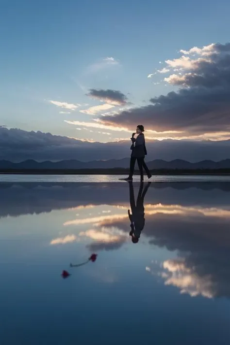 ltra-detailed,highly detailed,best quality,masterpiece,illustration,realistic,
mirror of the sky, reflection, different reflection,
flower, sky, cloud, dusk, outdoors, water, blue sky, profile, wind,petals, falling petals, sunset,
<lora:mirror of the sky_v1_03:0.7>