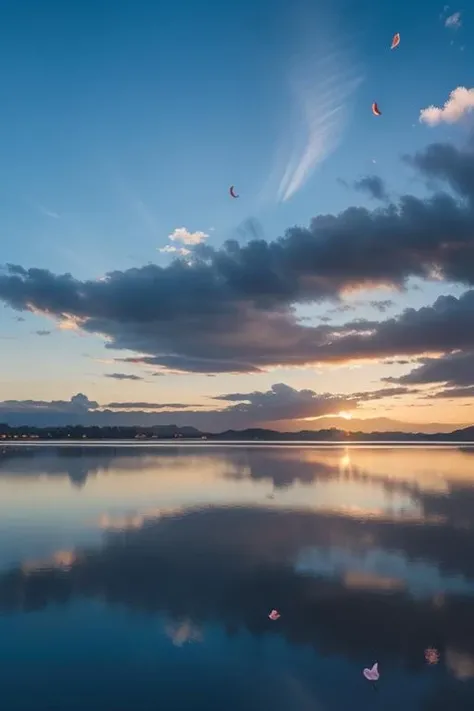 ltra-detailed,highly detailed,best quality,masterpiece,illustration,realistic,
mirror of the sky, reflection, different reflection,
flower, sky, cloud, dusk, outdoors, water, blue sky, profile, wind,petals, falling petals, sunset,
<lora:mirror of the sky_v1_03:0.7>