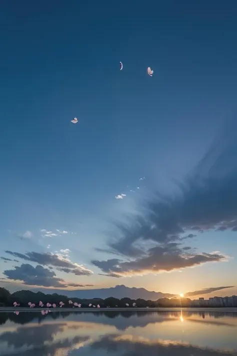 ltra-detailed,highly detailed,best quality,masterpiece,illustration,realistic,
mirror of the sky, reflection, different reflection,
flower, sky, cloud, dusk, outdoors, water, blue sky, profile, wind,petals, falling petals, sunset,
<lora:mirror of the sky_v1_03:0.7>