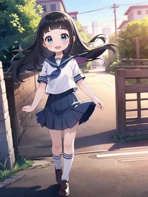 (Masterpiece,Best quality,8k,4k, high resolution, detailed skin, detailed hair:1.2), (fantasy,animated:1.2),
1girl, solo,outdoors, sunlight,skinny, light smile,solo focus,child, open mouth,
cowboy shot, detailed background,strolling on the street,walking, Hair waving in the wind
 long hair,black hair,black eyes,bangs,blunt bangs,blue eyes,blush,
school outfit: school uniform,serafuku,short sleeves,skirt,pleated skirt,blue skirt,socks,shoes,sailor collar,kneehighs,
by Hime Gotou
,    <lora:GoodHands-beta2:0.5> <lora:HimeGotou:0.3>