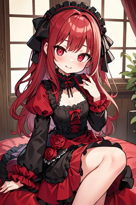 (masterpiece, best quality), 1girl, red hair, medium chest, gothic frill dress, pervert face,