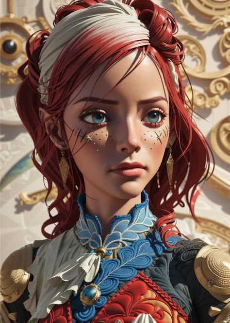 art, captivating, high-resolution macro-detailed featuring a fashionable girl in a chic quilt-inspired dress with a bold and unique hairstyle, the dress features a beautiful pattern of contrasting vibrant crocheted quilts, creating a dynamic and eye-catching look, neutral background, the piece is a 3D render, cinematic masterpiece <lora:art-v5-15:1>