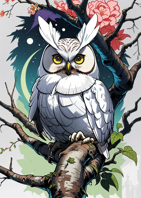 art, a splendid white owl perched on a tree branch on a magnificent summer night, 2d, vibrant <lora:art-v5-15:1>