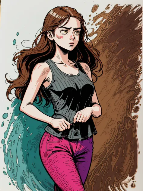 art, colorful comic-style linocut illustration of a colorful comic-style linocut illustration of a young woman with long, wavy brown hair, tank top with a ribbed texture, llooking left, deep in thought, background is a textured, mottled brown surface <lora:art-v5-15:1>