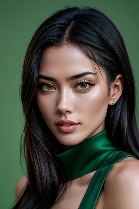 woman, beautiful, 30 years old, perfect face and features, NO WRINKLES, NO MARKS of expressions on her FACE, seductive, very sexy look, defined body, in chic dress, green eyes, red lipstick, LONG BLACK HAIR, 4k, realistic, busty