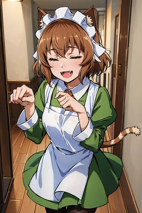 masterpiece, best quality, <lora:anyafromel-nvwls-v1-000009:0.9> anya fromel, maid headdress, cat ears, green dress, apron, cat tail, pantyhose, paw pose, smile, :D, closed eyes, fangs, hallway, happy