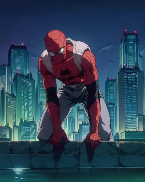 score_9, score_8_up, score_7_up, zPDXL,source_anime, ghostintheshellstyle, retro anime, <lora:Ghost_In_The_Shell_style:0.95>,  rooftops, night, cityskyline, Spider-Man, web print