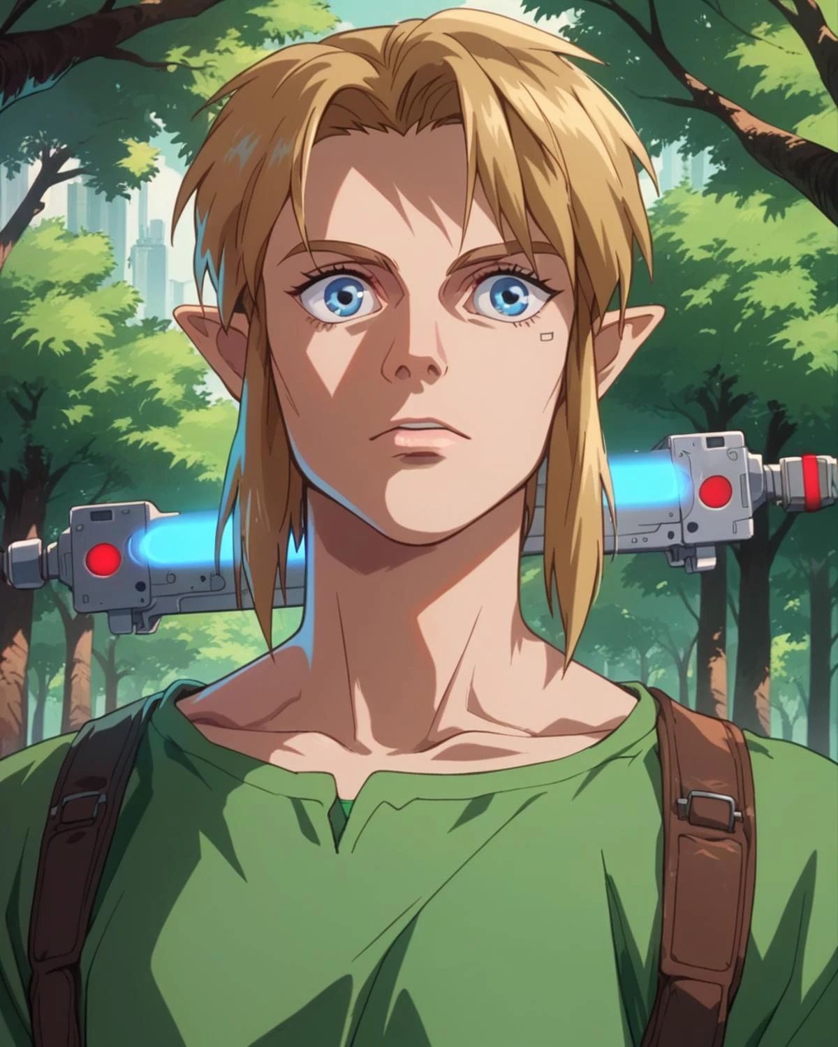 score_9, score_8_up, score_7_up, zPDXL,source_anime, ghostintheshellstyle, retro anime, <lora:Ghost_In_The_Shell_style:0.90>, Link, blue eyes, green shirt, cyberpunk, blue laser sword, trees