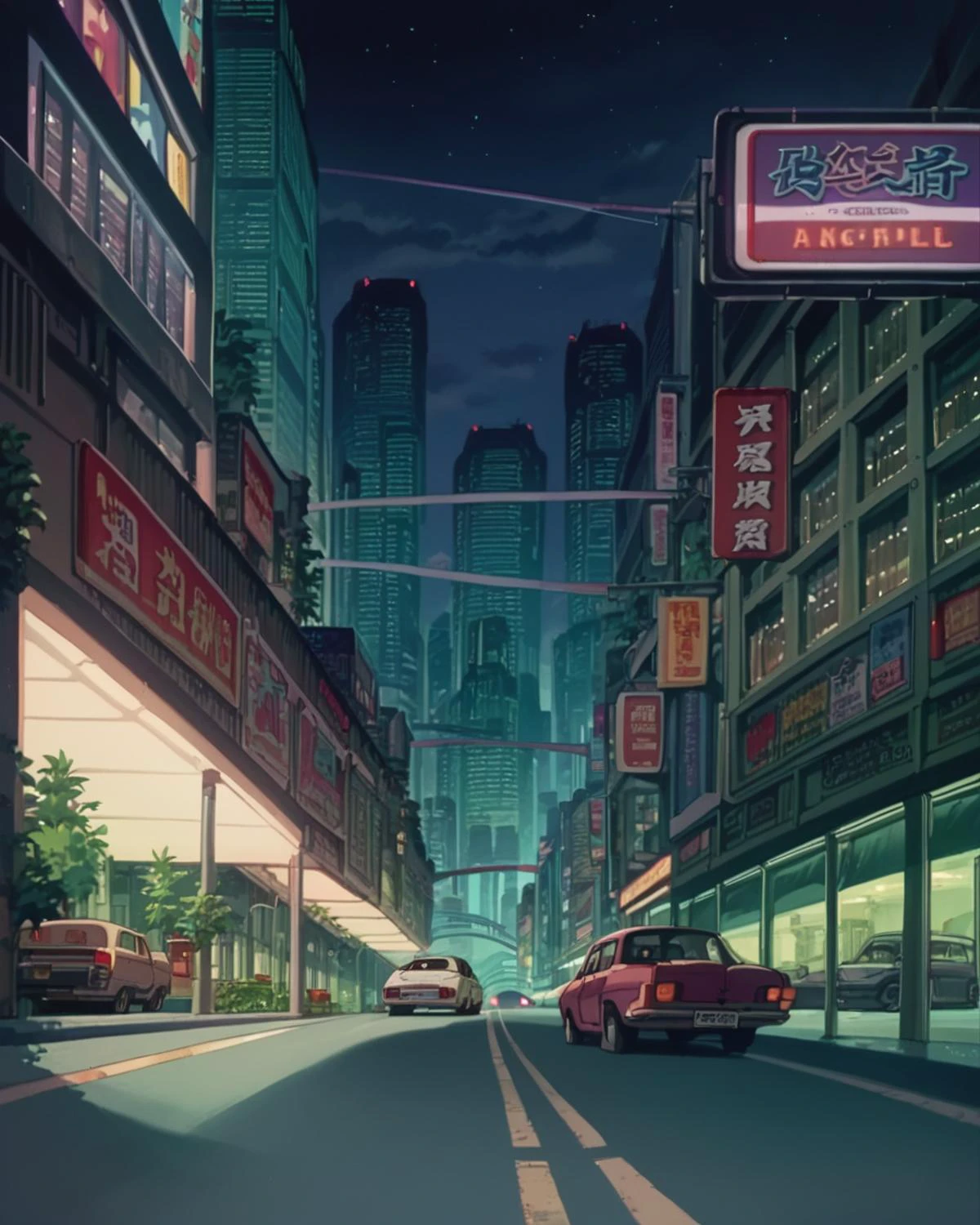 score_9, score_8_up, score_7_up, zPDXL,ghostintheshellstyle, retro anime, motor vehicle, no humans, car, scenery, night, building, road, city, sign, outdoors<lora:Ghost_In_The_Shell_style:0.90>